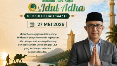 Keluarga Besar BADAN PENANGGULANGAN BENCANA DAERAH (BPBD) Kab. Banggai Laut, Mengucapkan: Selamat Hari Raya “IDUL ADHA” 27 Mei 2026, Mohon Maaf Lahir & Batin.